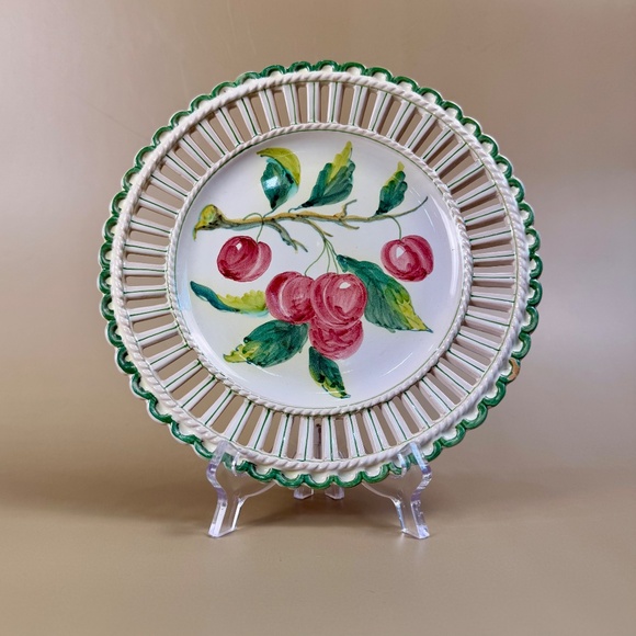 Vintage Ugo Zaccagnini Italian Reticulated Plate | Hand-Painted Cherries | Italy - Picture 2 of 14